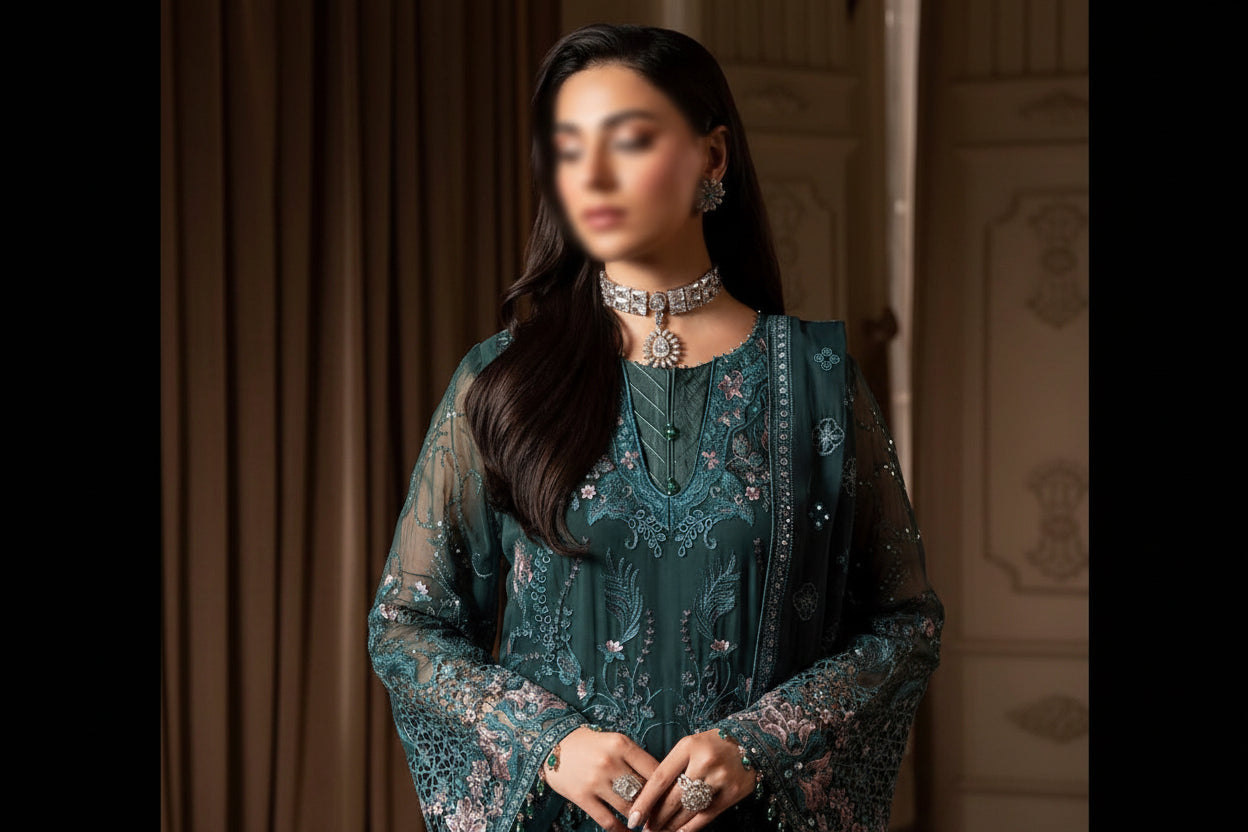 Woman wearing a teal embroidered outfit with jewelry indoors.