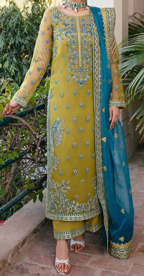 Akbar Aslam 3 Piece Unstitched Heavy Embroidered Organza Suit with Silk Trouser TURKISH-WEAR