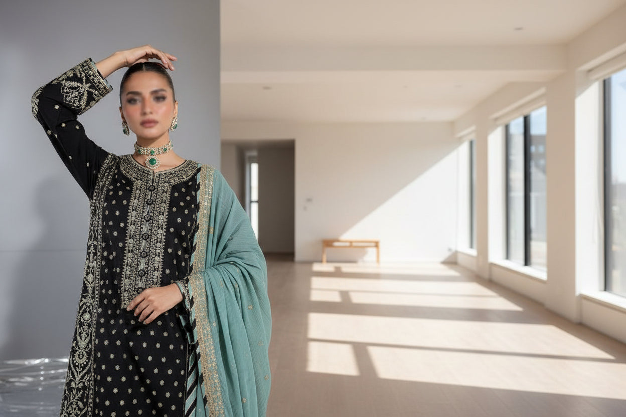 3 Piece Unstitched Heavy Embroidered Chiffon Suit with Silk Trouser TURKISH-WEAR