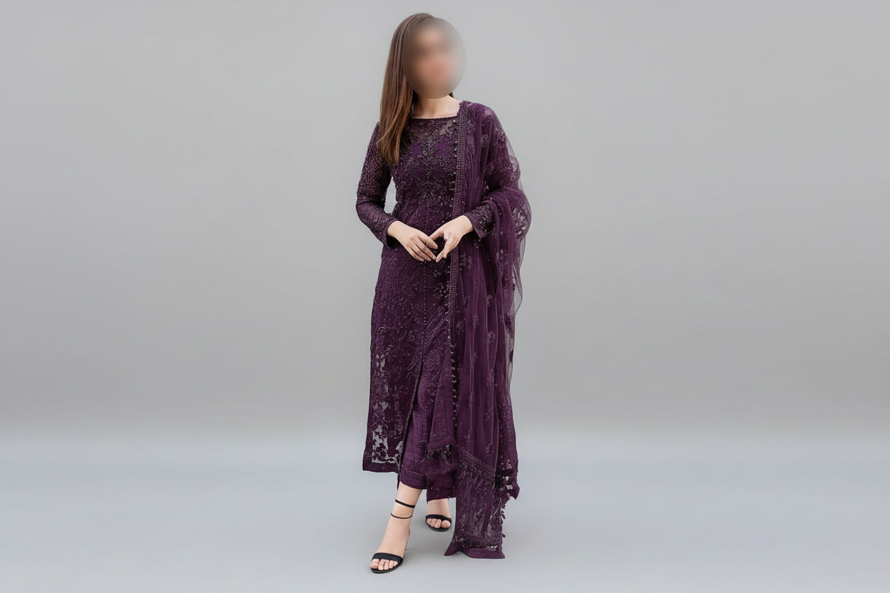 Maryam Hussain Luxury Collection 3 Piece Unstitched Heavy Embroidered Net Suit with Raw Silk Trouser TURKISH-WEAR