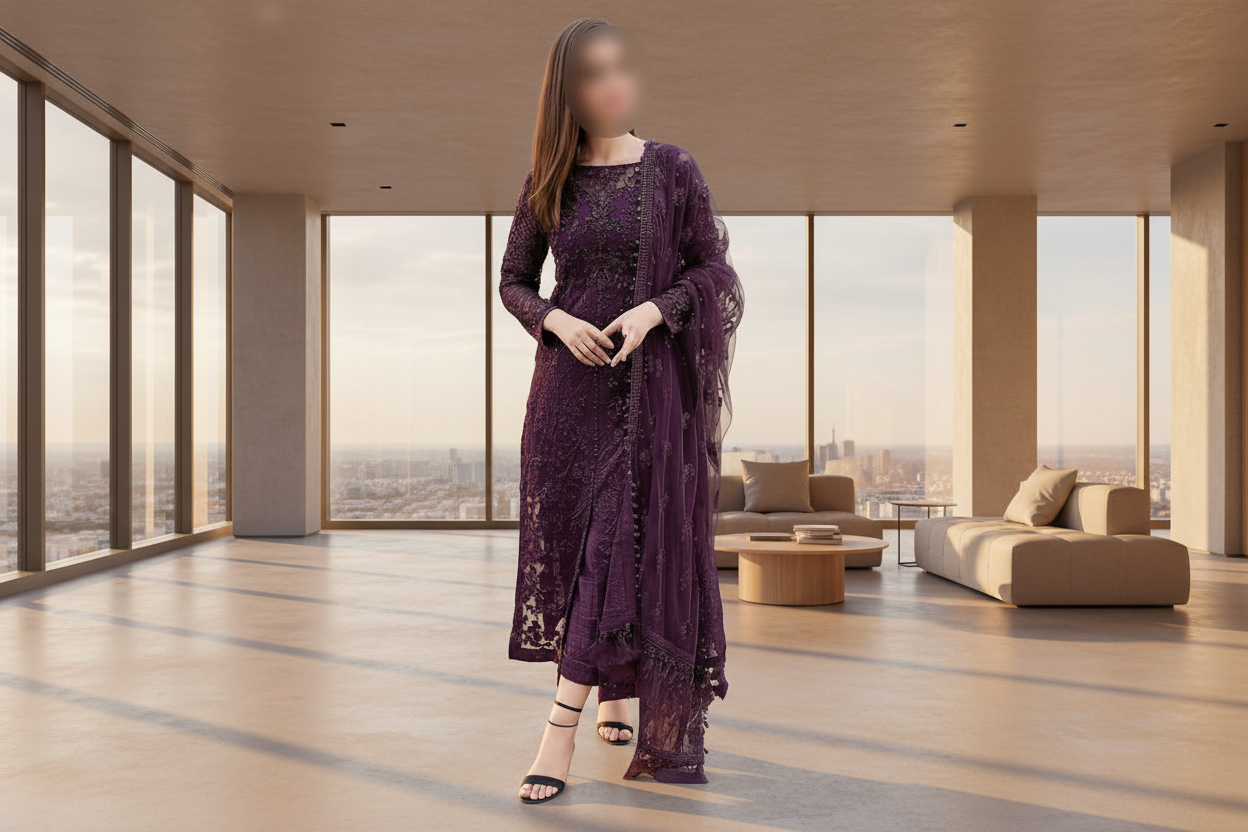 Maryam Hussain Luxury Collection 3 Piece Unstitched Heavy Embroidered Net Suit with Raw Silk Trouser TURKISH-WEAR