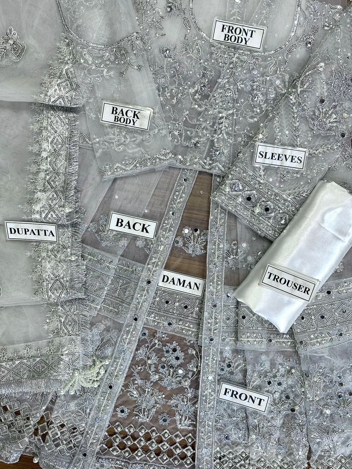 Kashee 3 Piece Unstitched Heavy Embroidered Net Frock Suit with Satin Silk Trouser (Replica) TURKISH-WEAR