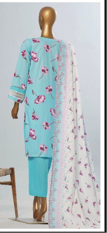 Turquoise floral dress with matching pants and dupatta on a mannequin against a white background.