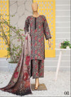 Floral dress with matching pants and dupatta on a mannequin against a decorative wall.