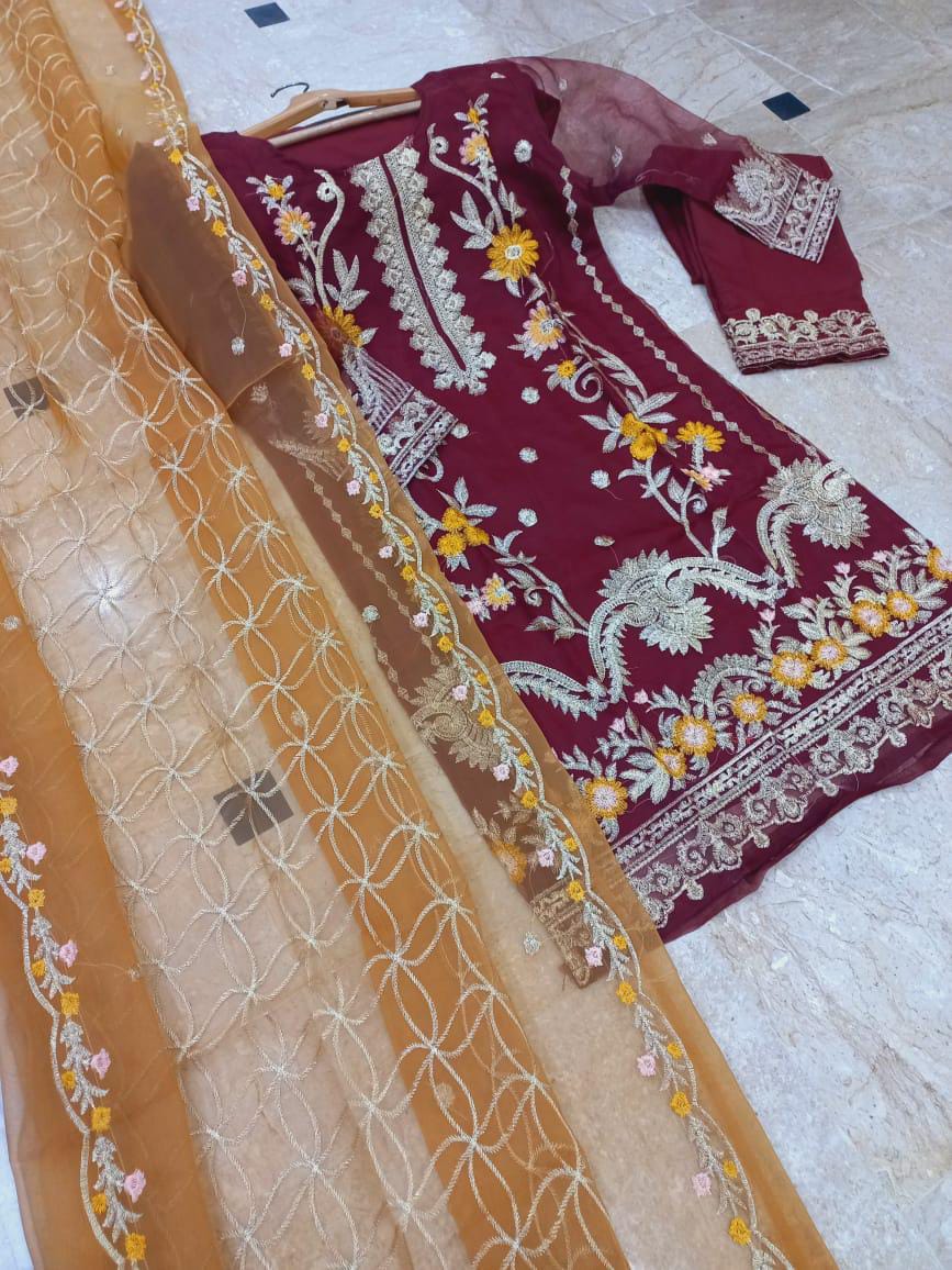 festive embroidered stitched suit Pakistan