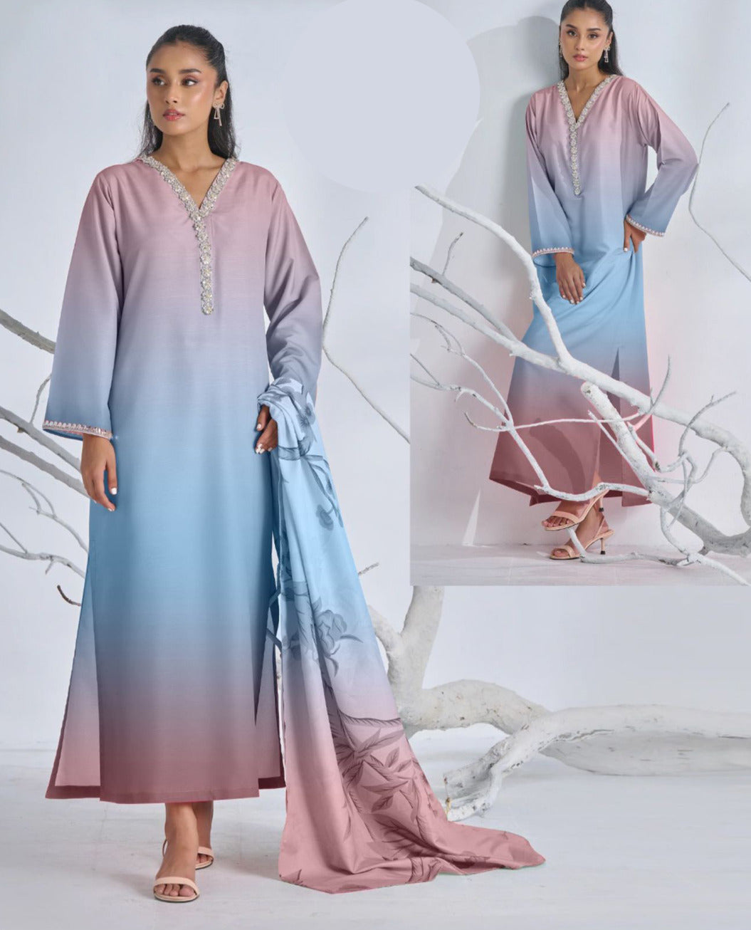 Two Tone Tie & Dye Swiss Lawn 3PC Stitched Suit with Neck Lace Work & Monar Dupatta