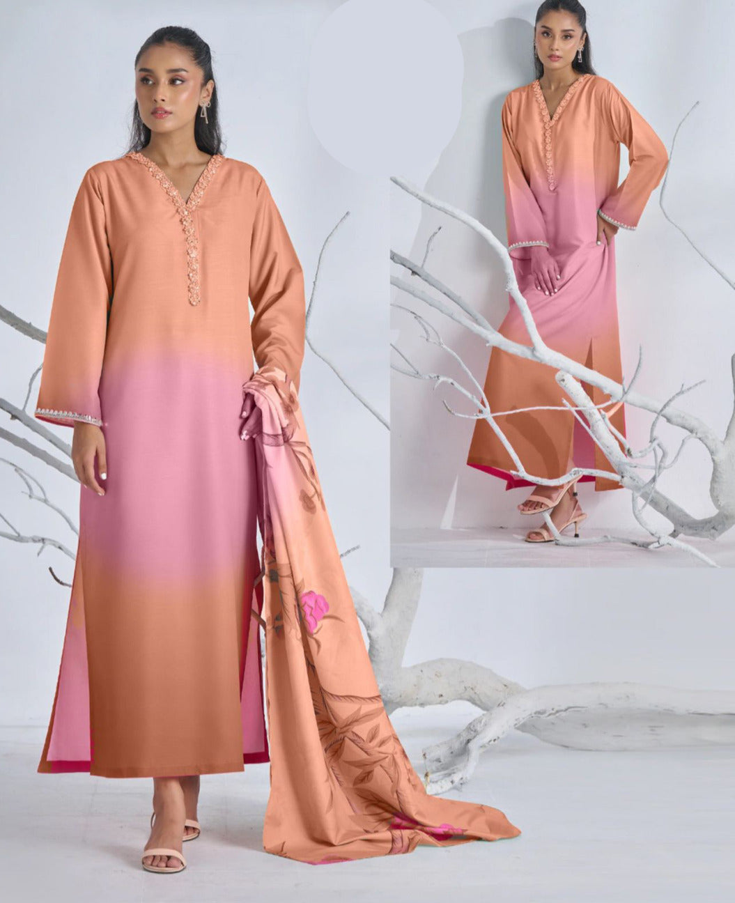 Two Tone Tie & Dye Swiss Lawn 3PC Stitched Suit with Neck Lace Work & Monar Dupatta