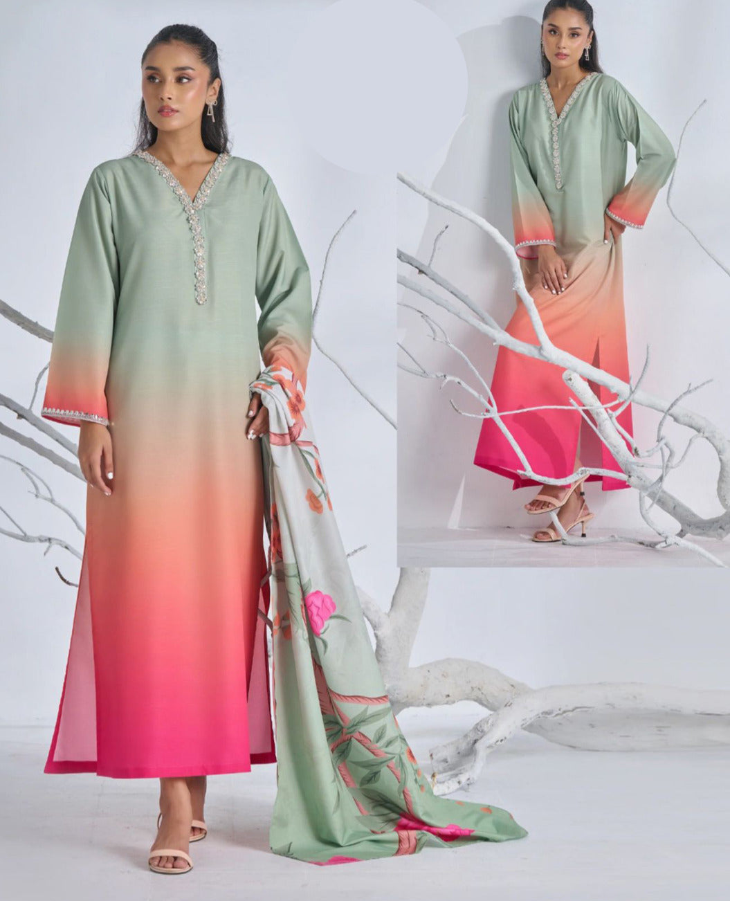 Two Tone Tie & Dye Swiss Lawn 3PC Stitched Suit with Neck Lace Work & Monar Dupatta