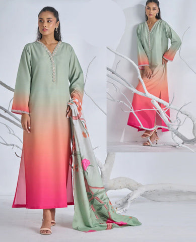 Two Tone Tie & Dye Swiss Lawn 3PC Stitched Suit with Neck Lace Work & Monar Dupatta