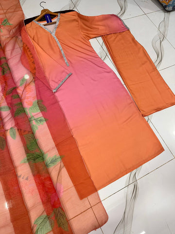 Two Tone Tie & Dye Swiss Lawn 3PC Stitched Suit with Neck Lace Work & Monar Dupatta
