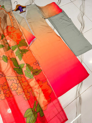 Two Tone Tie & Dye Swiss Lawn 3PC Stitched Suit with Neck Lace Work & Monar Dupatta