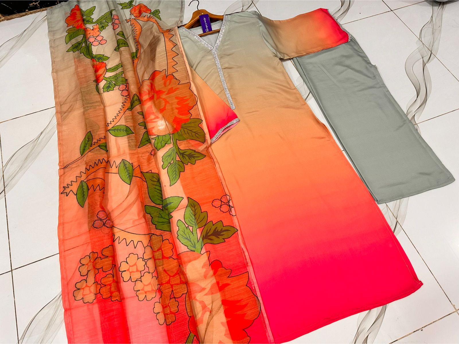 Two Tone Tie & Dye Swiss Lawn 3PC Stitched Suit with Neck Lace Work & Monar Dupatta