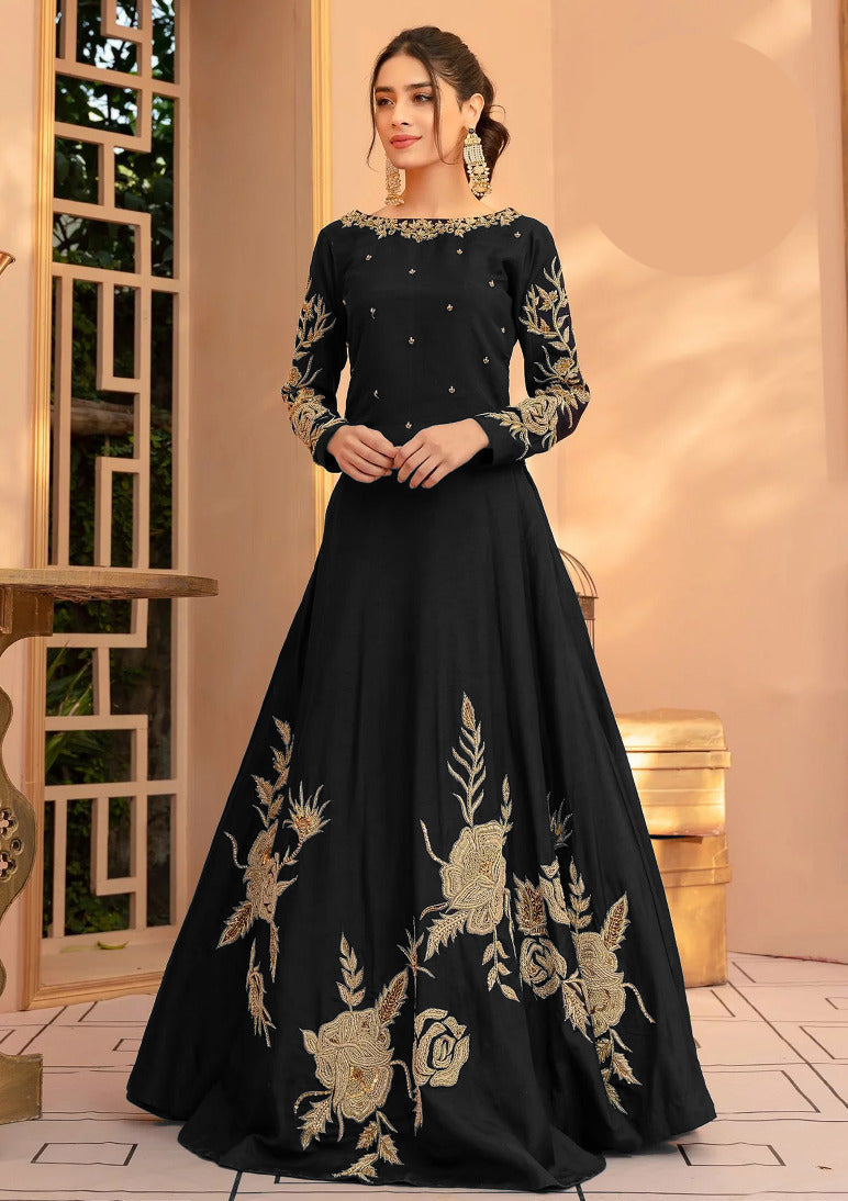 Heavy Embroidered Shamoz Silk Maxi Dress – Stitched