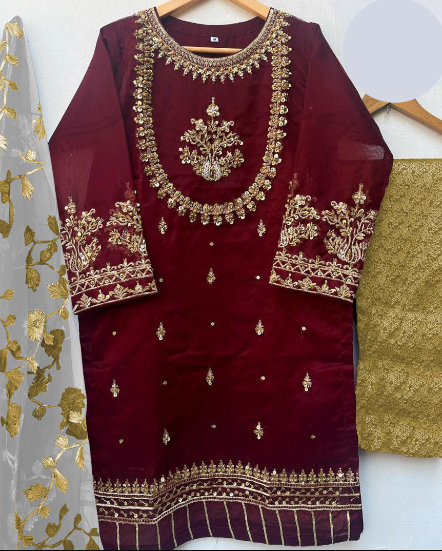 Handwork & Embroidered Organza 3PC Stitched Suit with Embroidered Dupatta