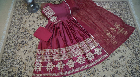 Mini Star Heavy Embroidered Shamose Silk Maxi 3PC Stitched Suit with Lace Dupatta