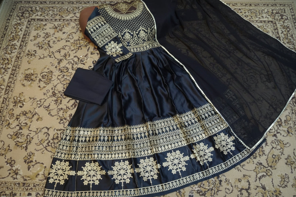 Mini Star Heavy Embroidered Shamose Silk Maxi 3PC Stitched Suit with Lace Dupatta