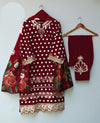 Polka Printed Swiss Lawn 3PC Stitched Suit with Embroidered Patches & Monar Lawn Dupatta