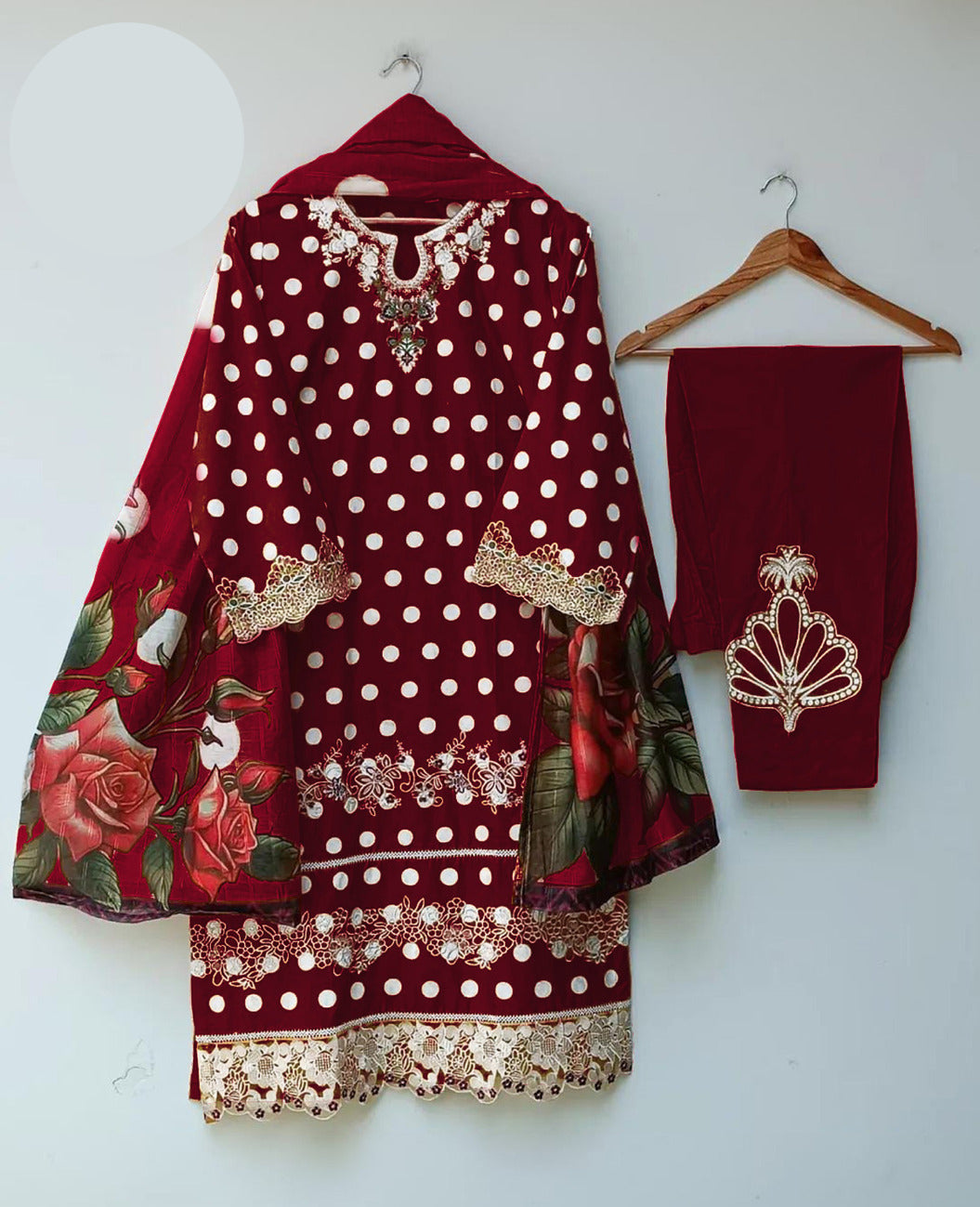 Polka Printed Swiss Lawn 3PC Stitched Suit with Embroidered Patches & Monar Lawn Dupatta