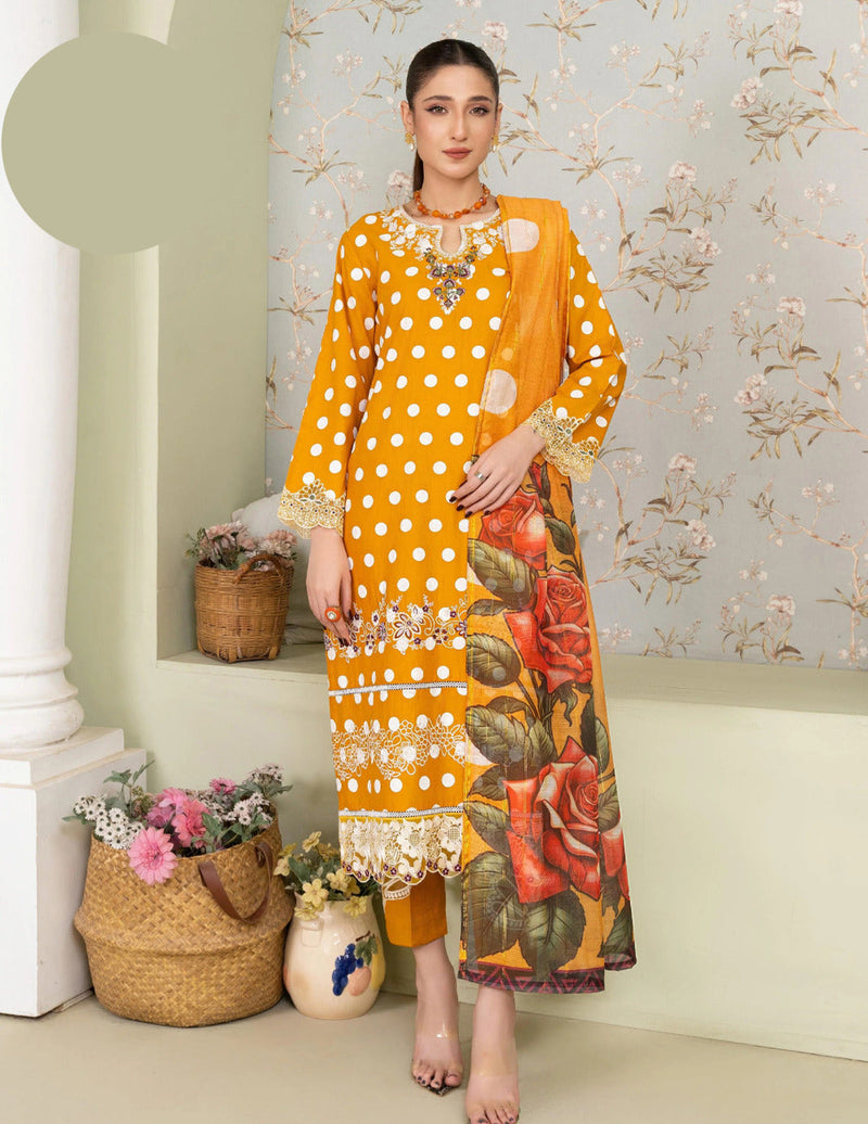 Polka Printed Swiss Lawn 3PC Stitched Suit with Embroidered Patches & Monar Lawn Dupatta