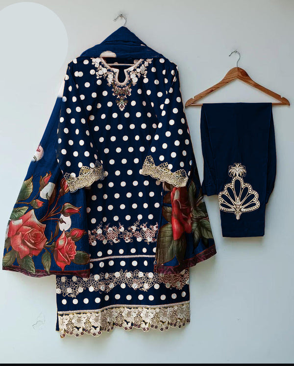 Polka Printed Swiss Lawn 3PC Stitched Suit with Embroidered Patches & Monar Lawn Dupatta