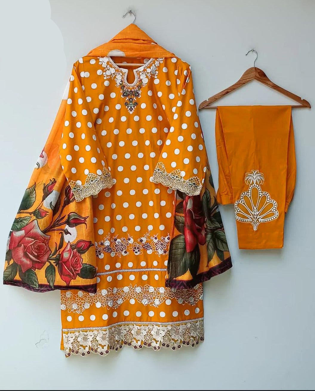 Polka Printed Swiss Lawn 3PC Stitched Suit with Embroidered Patches & Monar Lawn Dupatta