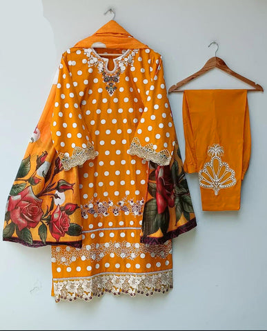 Polka Printed Swiss Lawn 3PC Stitched Suit with Embroidered Patches & Monar Lawn Dupatta
