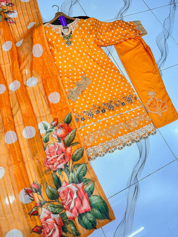 Polka Printed Swiss Lawn 3PC Stitched Suit with Embroidered Patches & Monar Lawn Dupatta