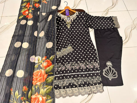 Polka Printed Swiss Lawn 3PC Stitched Suit with Embroidered Patches & Monar Lawn Dupatta