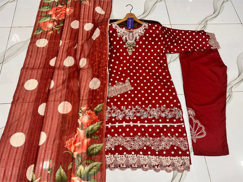 Polka Printed Swiss Lawn 3PC Stitched Suit with Embroidered Patches & Monar Lawn Dupatta
