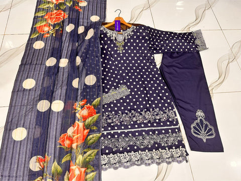 Polka Printed Swiss Lawn 3PC Stitched Suit with Embroidered Patches & Monar Lawn Dupatta