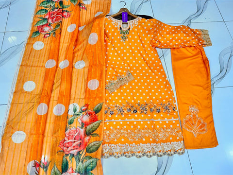 Polka Printed Swiss Lawn 3PC Stitched Suit with Embroidered Patches & Monar Lawn Dupatta