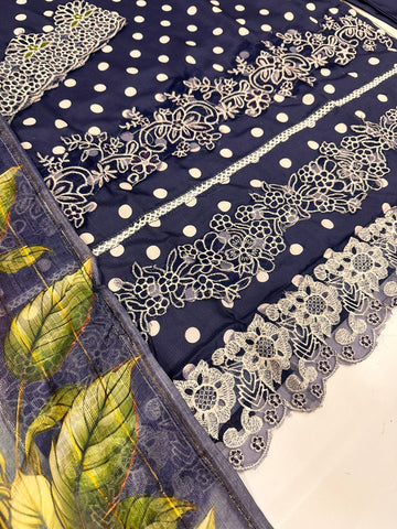 Polka Printed Swiss Lawn 3PC Stitched Suit with Embroidered Patches & Monar Lawn Dupatta