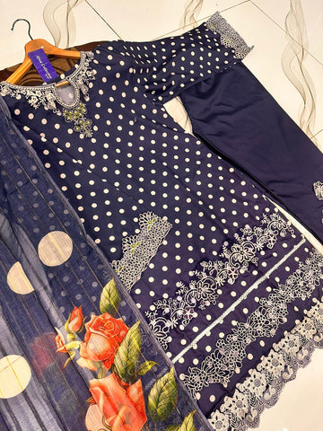 Polka Printed Swiss Lawn 3PC Stitched Suit with Embroidered Patches & Monar Lawn Dupatta