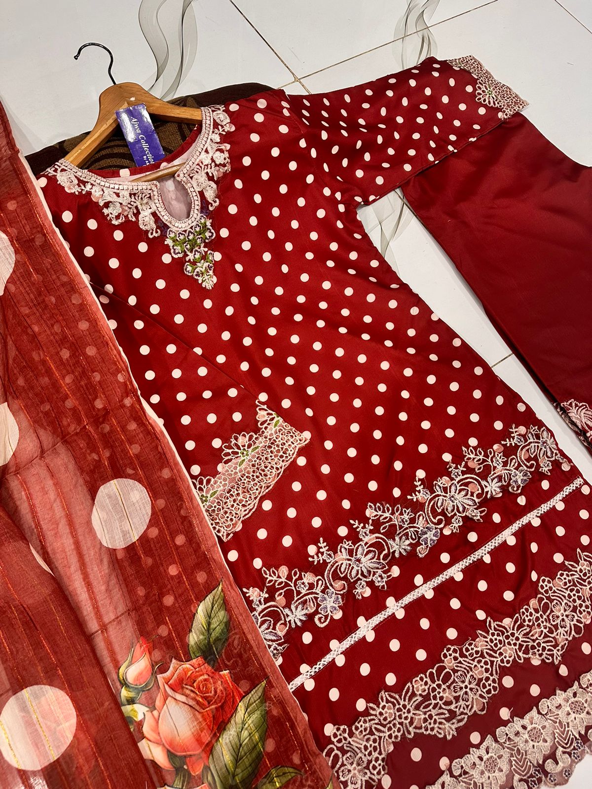 Polka Printed Swiss Lawn 3PC Stitched Suit with Embroidered Patches & Monar Lawn Dupatta