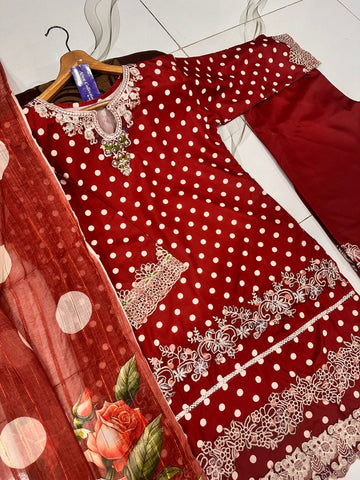 Polka Printed Swiss Lawn 3PC Stitched Suit with Embroidered Patches & Monar Lawn Dupatta