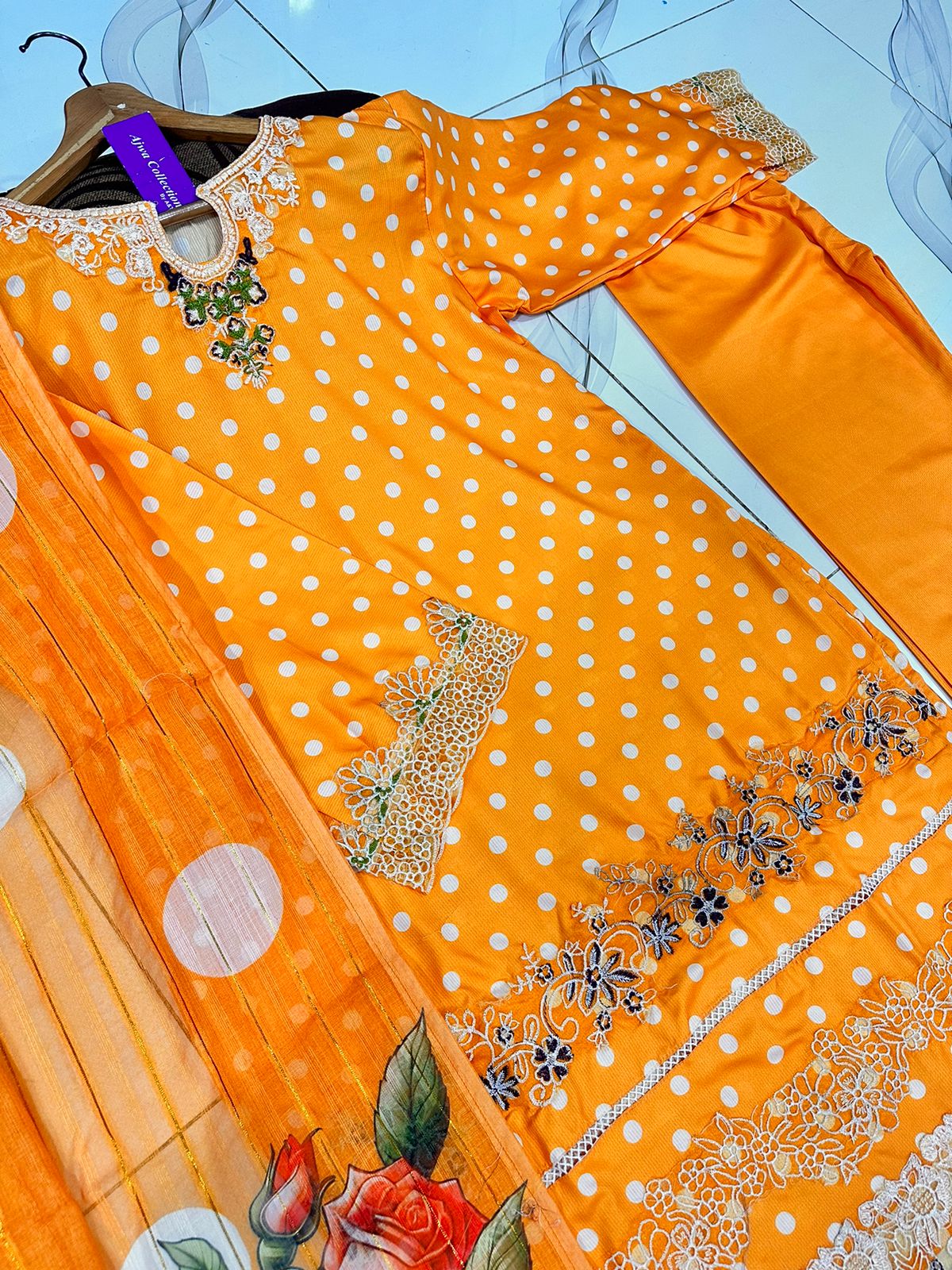 Polka Printed Swiss Lawn 3PC Stitched Suit with Embroidered Patches & Monar Lawn Dupatta