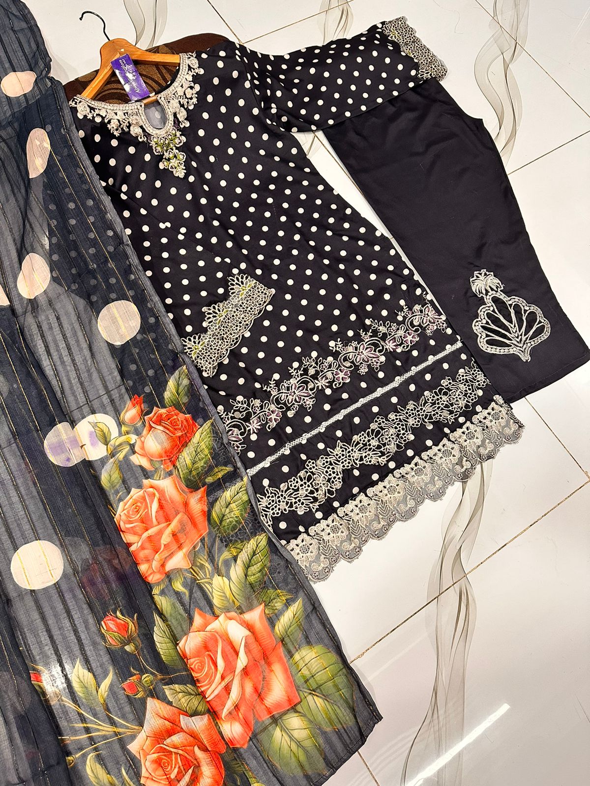 Polka Printed Swiss Lawn 3PC Stitched Suit with Embroidered Patches & Monar Lawn Dupatta