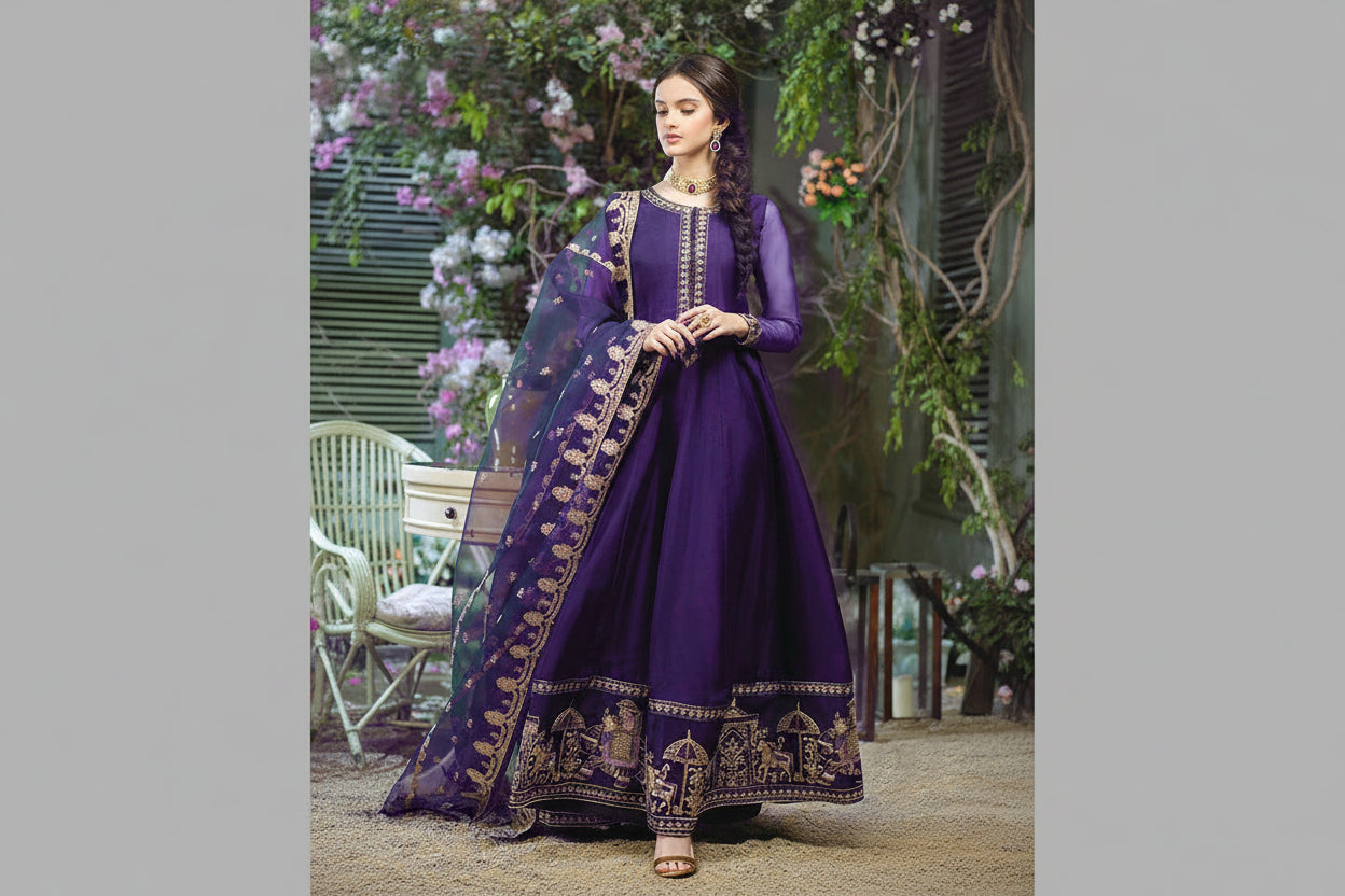shahi embroidered chiffon maxi stitched suit