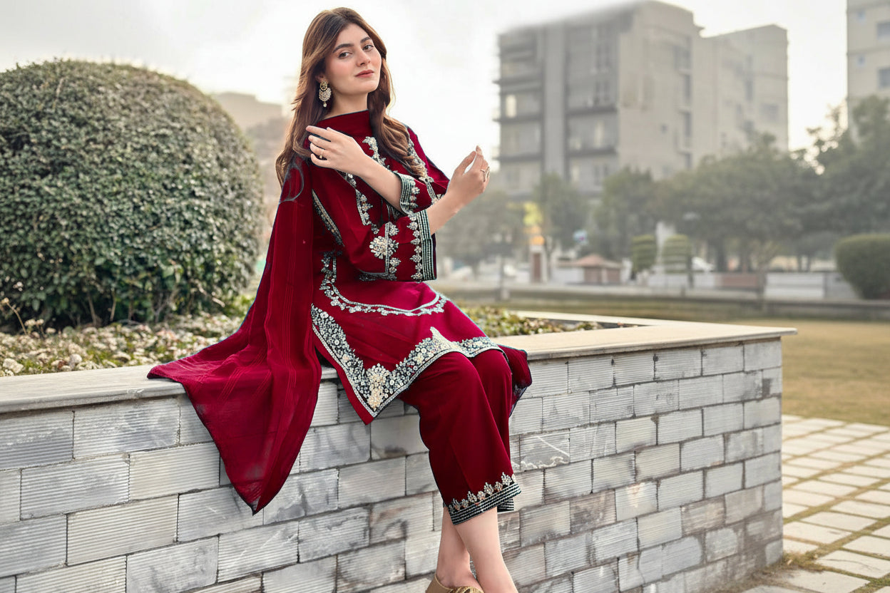 sequence embroidered stitched suit for women