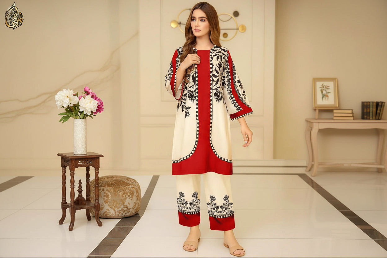 Front & Back Allover Digital Short Printed Cord Set 2PC (Crepe Lawn)