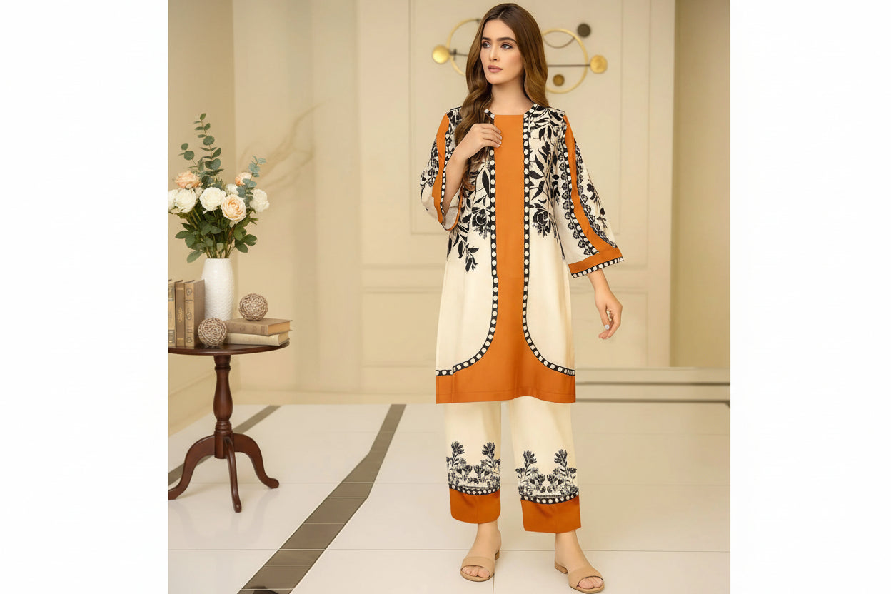 Front & Back Allover Digital Short Printed Cord Set 2PC (Crepe Lawn)