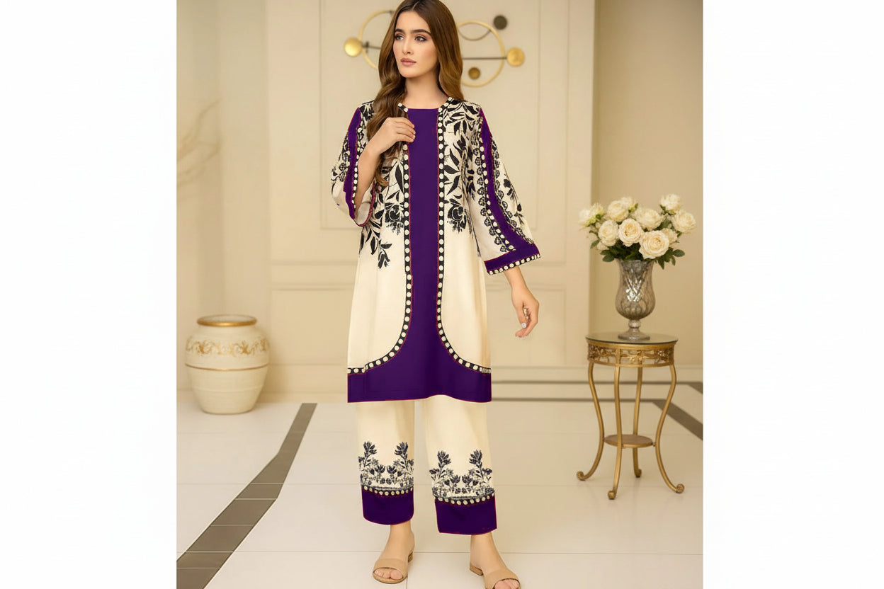 Front & Back Allover Digital Short Printed Cord Set 2PC (Crepe Lawn)