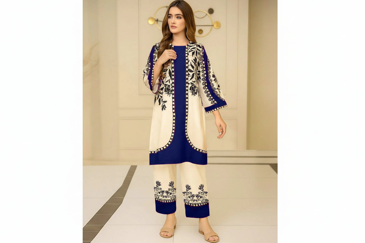 Front & Back Allover Digital Short Printed Cord Set 2PC (Crepe Lawn)