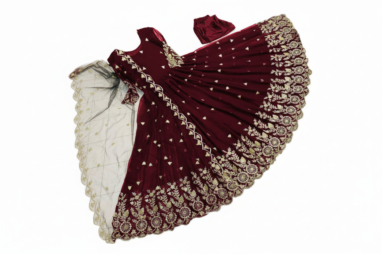 Border Embroidery 3PC Set with Embroidered Dupatta (Shamose Silk & Organza)