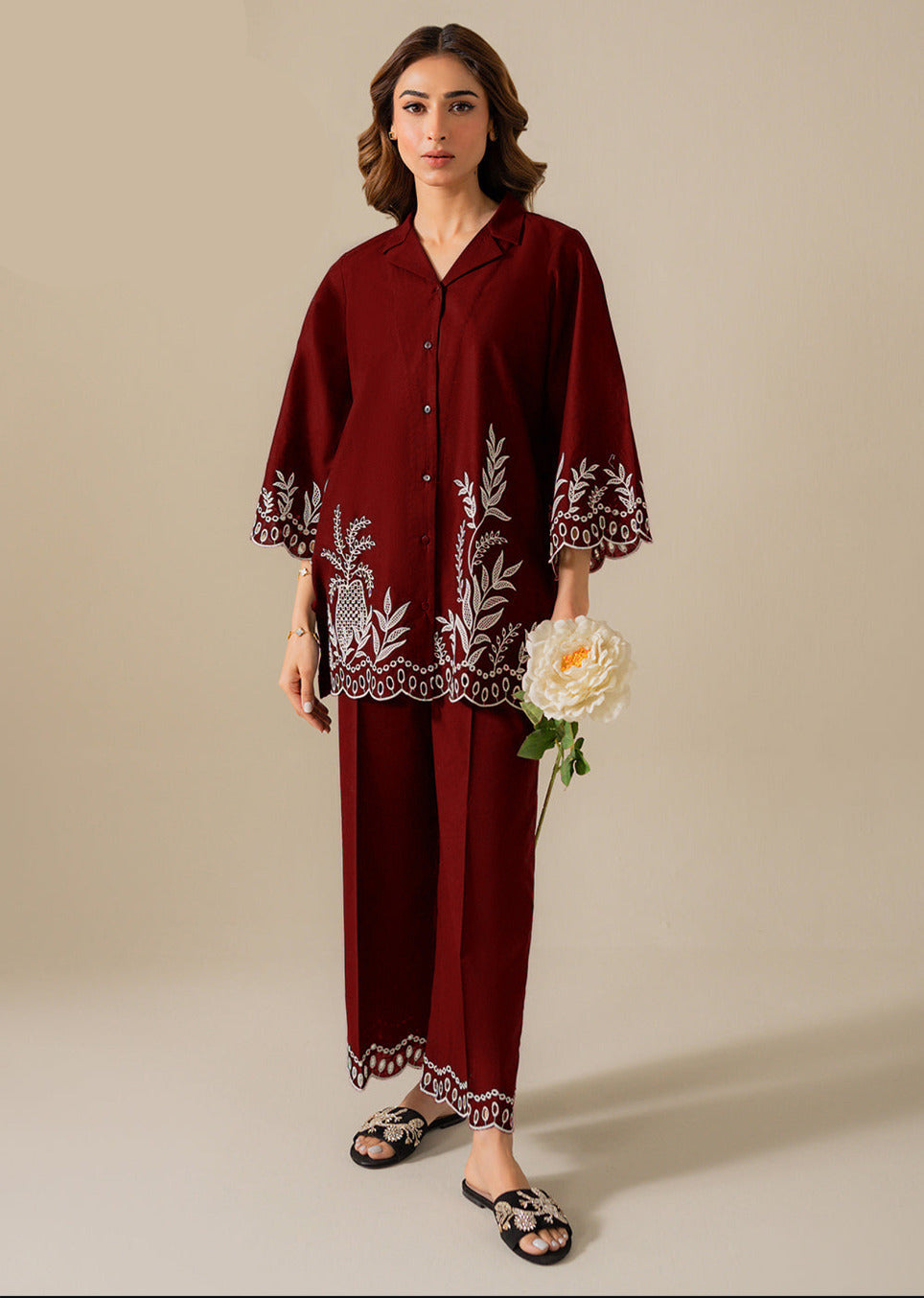 Kaaj Button Cotton Chikankari Embroidery 2PC Cord Set (Shirt & Trouser)
