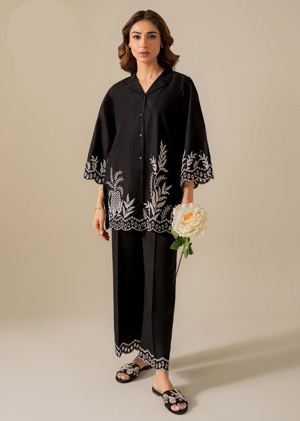 Kaaj Button Cotton Chikankari Embroidery 2PC Cord Set (Shirt & Trouser)