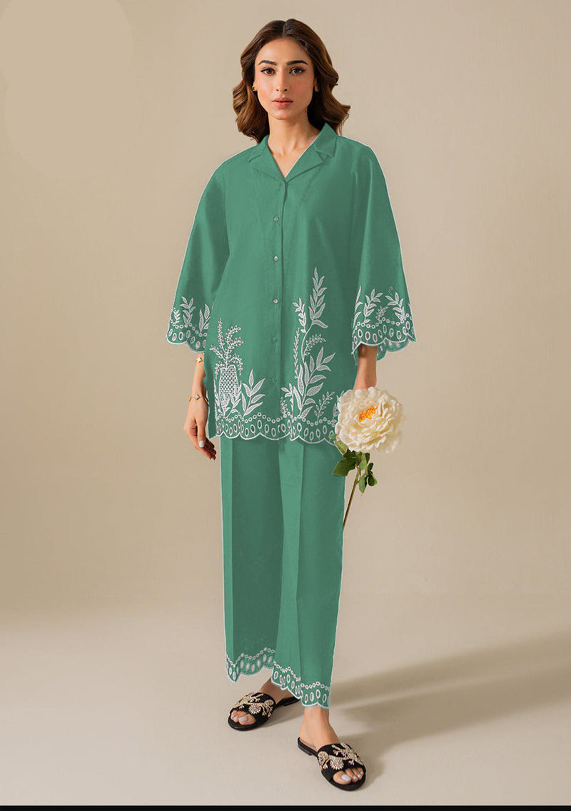 Kaaj Button Cotton Chikankari Embroidery 2PC Cord Set (Shirt & Trouser)