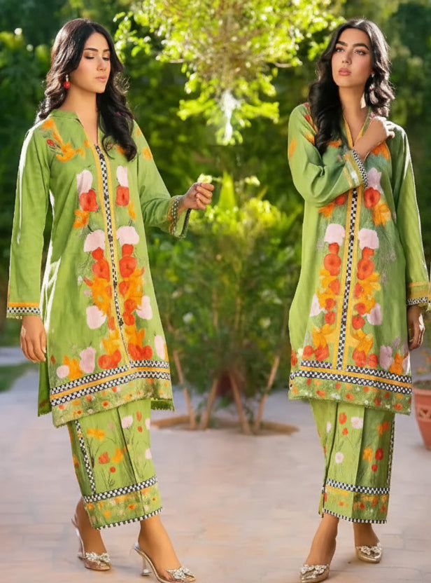Front & Back Allover Digital Printed Swiss Lawn 2PC Mirror Lace Cord Set