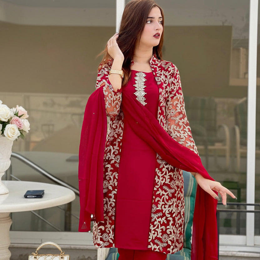 Front Fully Embroidered 4PC Gown Set with Inner, Trouser & Plain Dupatta