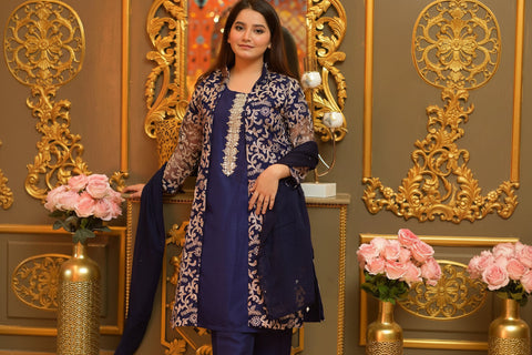 Front Fully Embroidered 4PC Gown Set with Inner, Trouser & Plain Dupatta